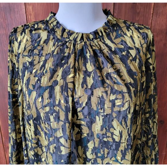 Maison d’Amelie Women L Black Chartreuse Chiffon Swiss Dot Ruffle Mock Neck Top - Picture 3 of 10